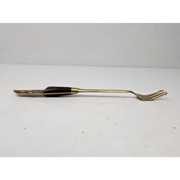 Vintage Olive Fork Buddha Bronze Brass Rosewood Siam Thailand 3 Tine 7.75” - Picture 4 of 7